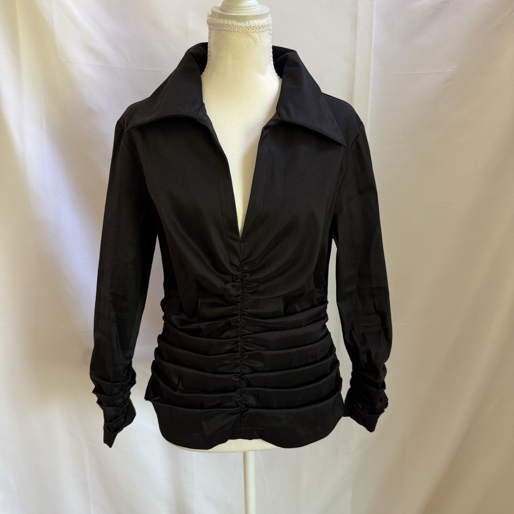 Tadashi Collection Blouse Top Womens 12 Stretch Taffeta Pleated Ruched Black